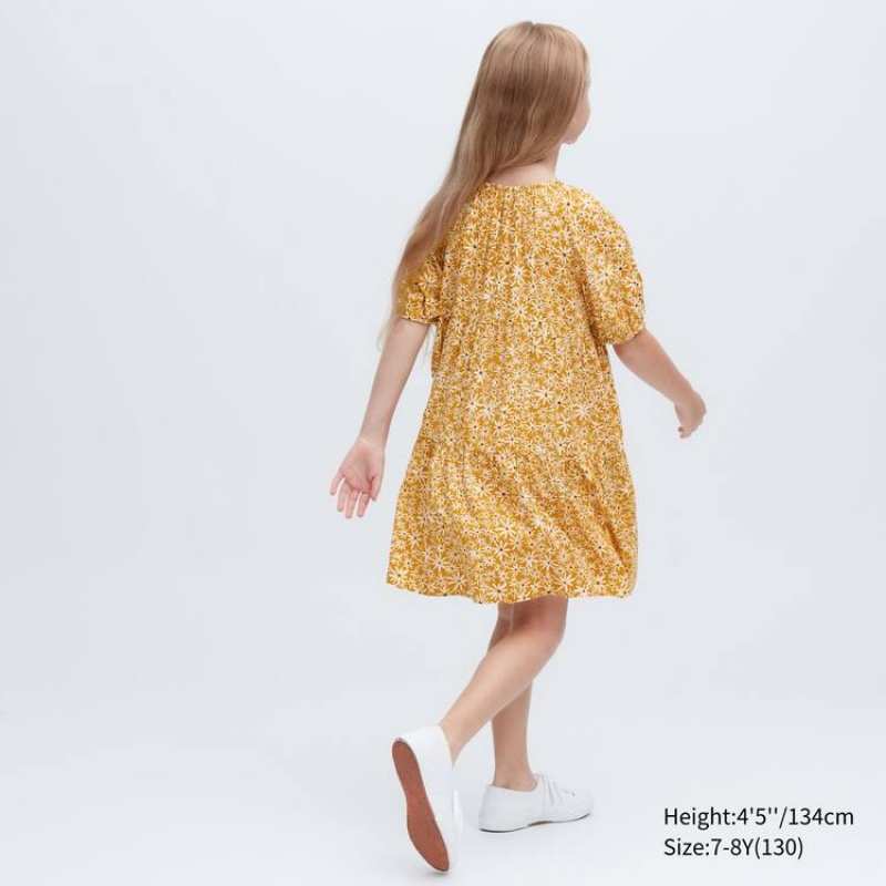 Vestido Uniqlo Viscose Flower Printed Corta Sleeved Niños Amarillo | 0926TCYIX