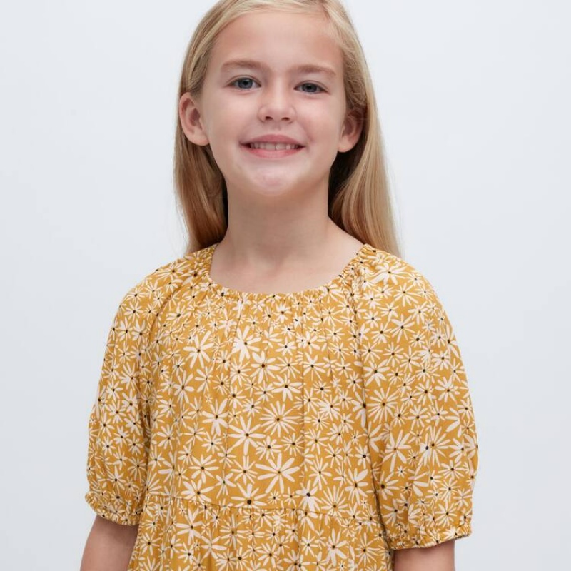 Vestido Uniqlo Viscose Flower Printed Corta Sleeved Niños Amarillo | 0926TCYIX