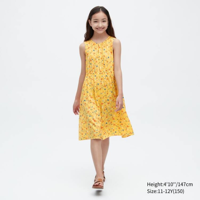 Vestido Uniqlo Viscose Flower Printed Sin Manga Niños Amarillo | 9408FAJQW